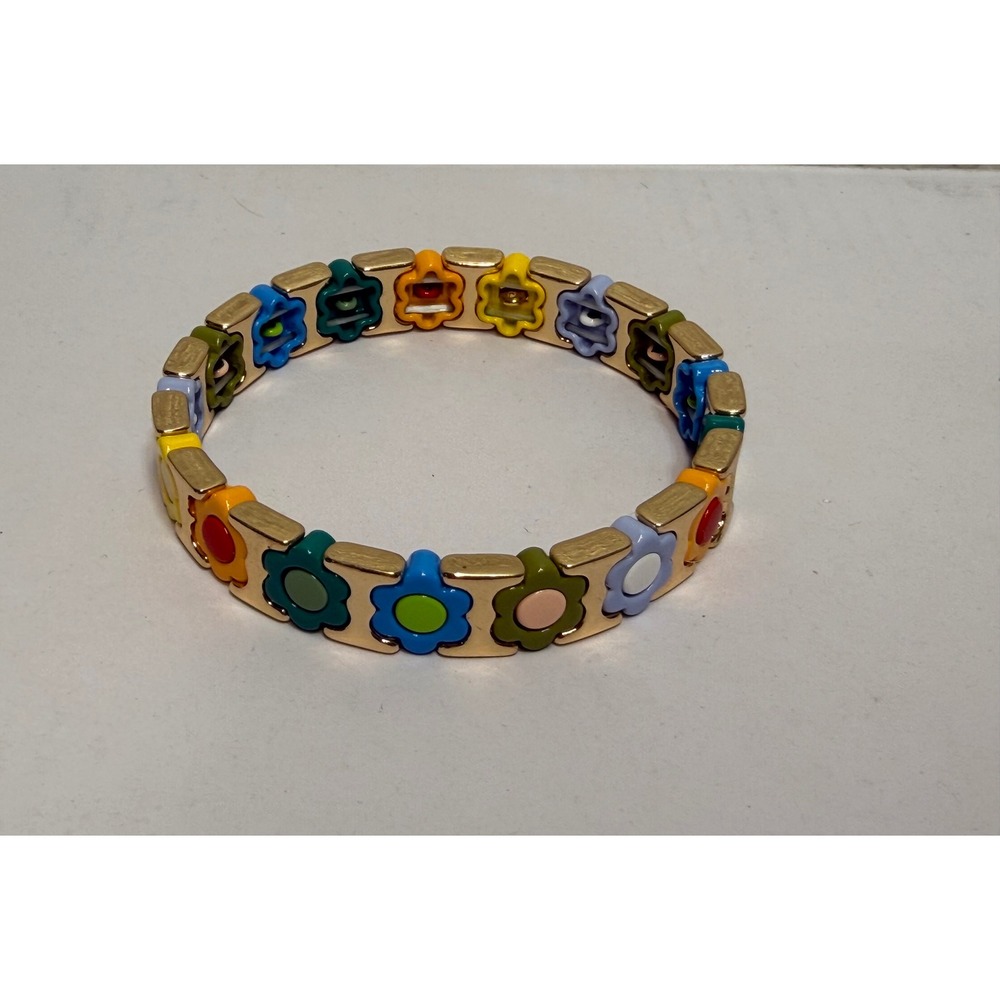Multi Color Enamel Flower Stretch Bracelet Gold Tone Daisy Floral‎ Bangle 6.5in